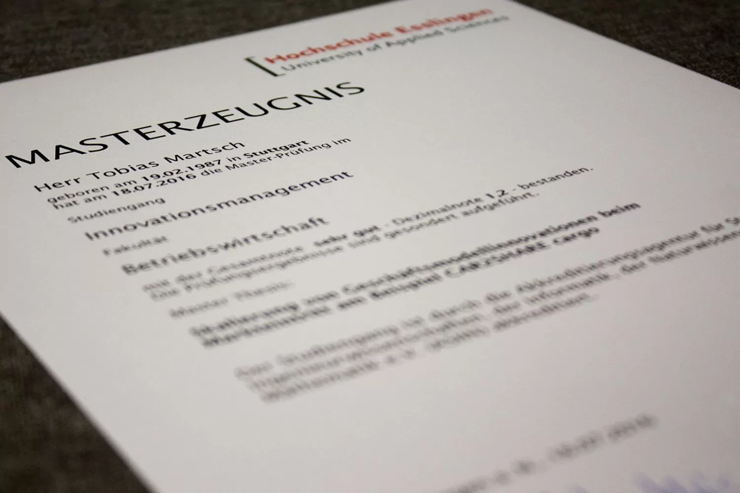 Masterzeugnis des geschäftsführenden Gesellschafters Tobias Martsch von der Hochschule Esslingen im Studiengang Innovationsmanagement