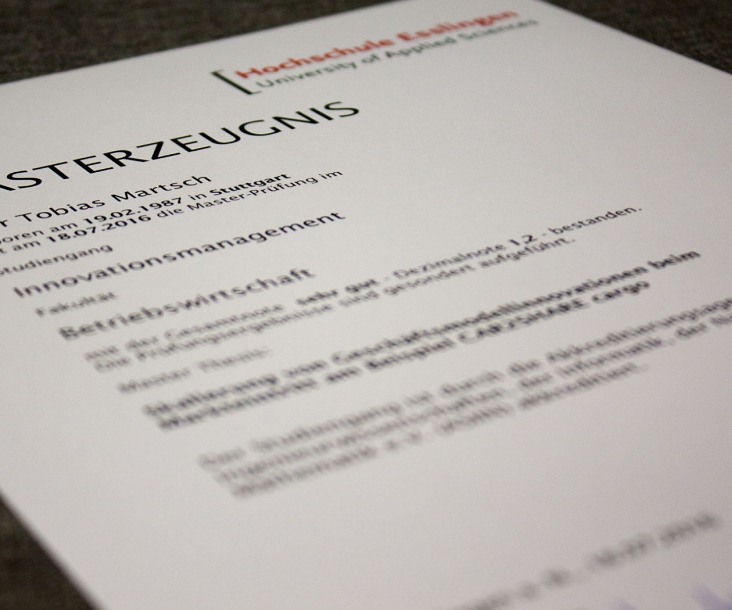 Masterzeugnis des geschäftsführenden Gesellschafters Tobias Martsch von der Hochschule Esslingen im Studiengang Innovationsmanagement