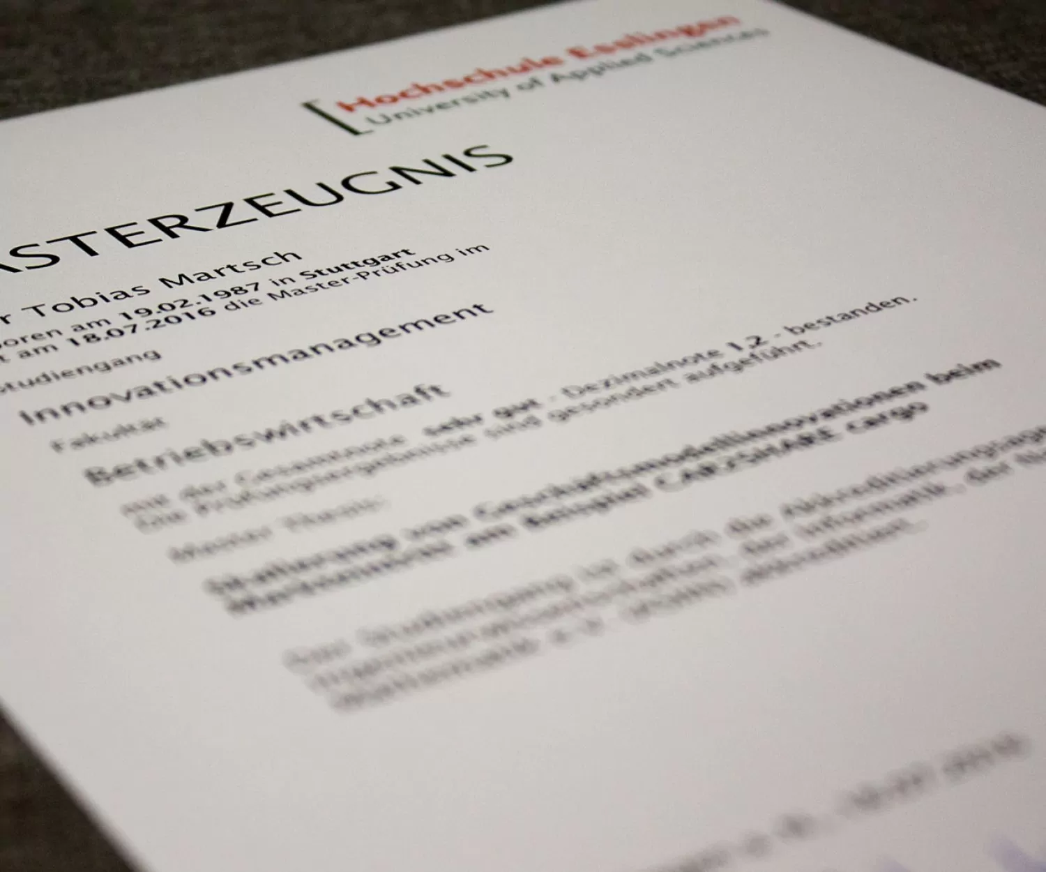 Masterzeugnis des geschäftsführenden Gesellschafters Tobias Martsch von der Hochschule Esslingen im Studiengang Innovationsmanagement