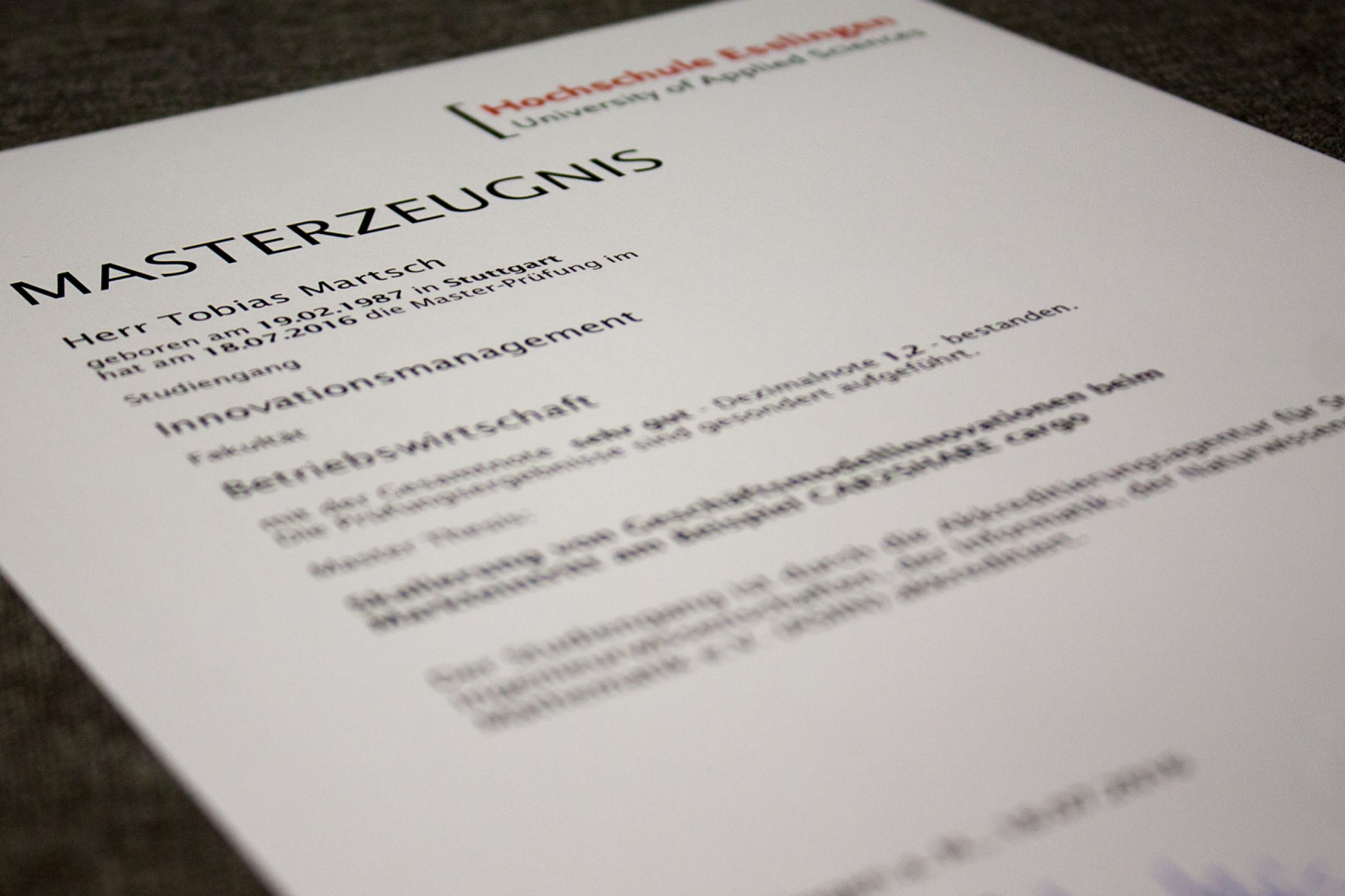 Masterzeugnis des geschäftsführenden Gesellschafters Tobias Martsch von der Hochschule Esslingen im Studiengang Innovationsmanagement